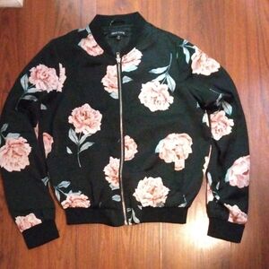 New Look Black Bomber Jacket with Pink Floral Design
